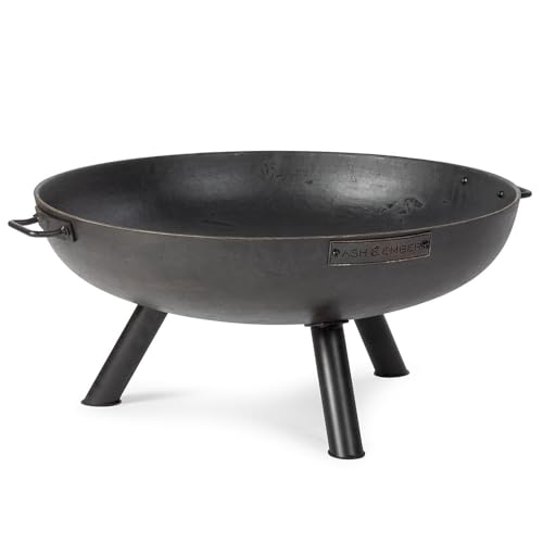 Ash & Ember 36" Ellipse Fire Pit, Heavy-Duty Cast Iron with High-Temp Black Paint, Elevated Stable Design, Integrated Drainage Hole, Outdoor Round Fire Bowl for Woodburning