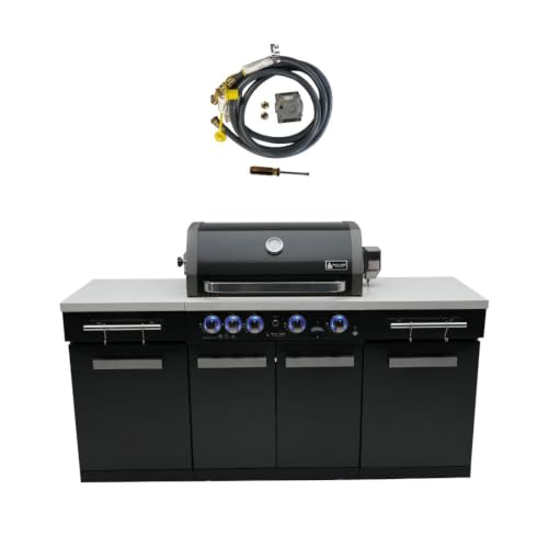 Mont Alpi 70"W x 24"D x 46"H Black Stainless Steel Outdoor Kitchen Island + 32"W 4-Burner BBQ Gas Grill with Infrared Burner + Storage Cabinets + White Granite Countertops + Natural Gas Conversion Kit