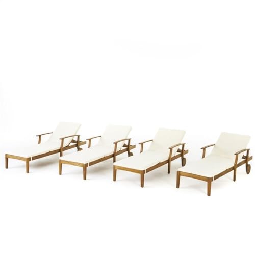 Great Deal Furniture Outdoor Teak Finish Chaise Lounge Set of 4 with Cream Water Resistant Cushion