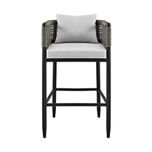 Armen Living Felicia Modern Indoor Outdoor Patio Counter Chair Bar Stool in Black Aluminum Metal with Grey Rope Wicker and Cushions, 30" Seat Height