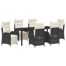 LPERTGFHU 7 Piece Garden Dining Set, Black Poly Rattan Patio Furniture with Adjustable Footrests, 6 Chairs and Tempered Glass Table for Backyard Outdoor Seating