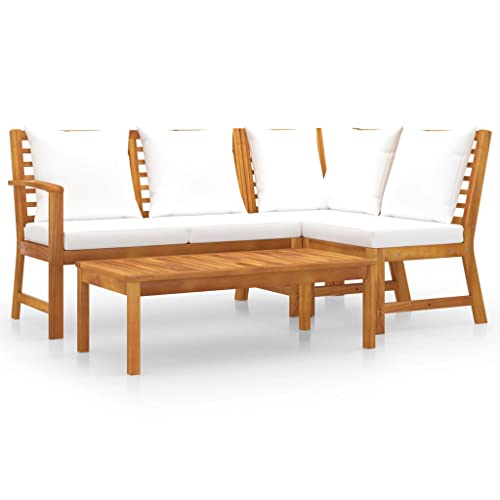 KUPTYERFG Outdoor Lounge Bench with Right Armrest, Solid Acacia Wood Patio Sectional Sofa Piece with Cream Cushions, Modular Garden Seating, 39.4 x 19.7 x 13 Inches