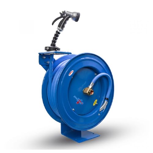 BLUSEAL BSWR5850 Retractable Hose Reel with 5/8" x 50' Hot Water Rubber Hose, 6' Lead-in, 500 PSI, Brass Fittings, Swivel Mount Hose Reel, 9 Pattern Spray Nozzle