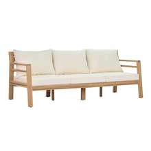 Christopher Knight Home Bratie Acacia Wood Outdoor 3 Seater Sofa with Cushion, Solid Wood Patio Sofa with Removable Cushion, Comfy Lounge Sofa for Patio Furniture Set, Light Teak+Beige