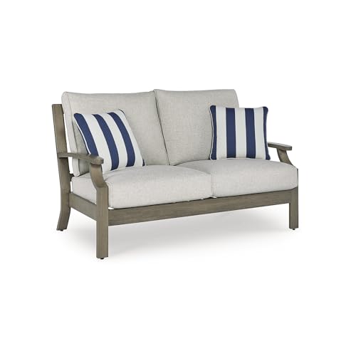 Signature Design by Ashley Rainier Ranch Outdoor Loveseat with Cushions and Pillows Light Brown & Light Gray