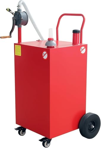 50 Gallon Gas Portable Fuel Caddy with Manual Transfer Pump, Flat-Free Wheels, Gasoline/Diesel Storage Tank and Hose for Car, Truck, Boat, ATV, Lawn Mower,Red.