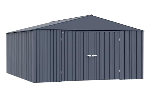 Arrow Shed Elite 14' x 16' Tall Outdoor Steel Storage Shed with High Gable and Lockable Doors Storage Building, Anthracite
