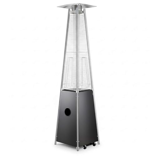 40,000 BTU Steel Portable Propane Outdoor Patio Heater with Glass Flame Tube – Square Pyramid Black Freestanding Design with Wheels & Easy Ignition – Ideal for Deck, Patio, Poolside, Events
