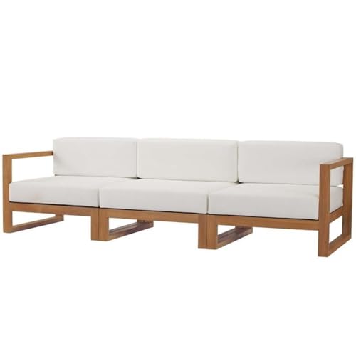 Afuera Living 3-Piece Solid Teak Wood Patio Sofa Set, Natural and White Finish, Water and UV Resistant Cushions, Machine Washable Covers, Modern Outdoor Furniture for Balcony, Patio, Garden, or