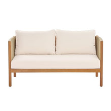 Merax Outdoor Loveseat & Coffee Table Set with Acacia Wood Frame in Teak Look, Beige Rope Panels & Cream Water-Repellent Cushions for Patio & Garden