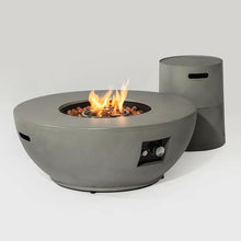 36" Propane Gas Fire Pit Table, 50,000 BTU Round Outdoor Concrete Fire Pit with Lava Rocks & Tabletop Cover for Patio, Deck, Garden & Backyard – Gray with White Accents