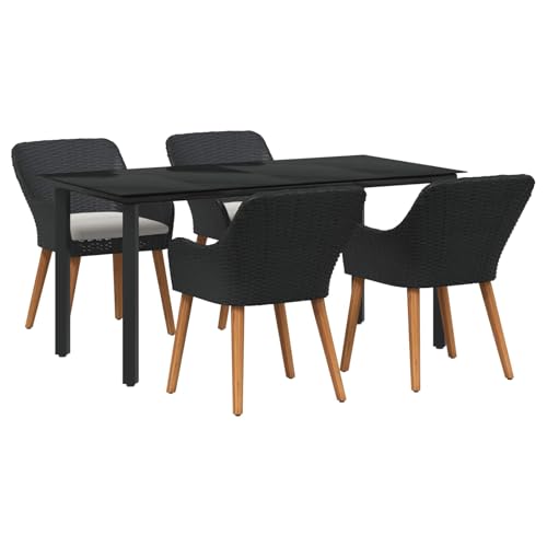 hliofuir 5 Piece Garden Dining Set with Cushions, Black Poly Rattan Patio Furniture Set for 4, Modern Wicker Dining Table and Chairs with Tempered Glass for Backyard and Terrace