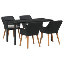 hliofuir 5 Piece Garden Dining Set with Cushions, Black Poly Rattan Patio Furniture Set for 4, Modern Wicker Dining Table and Chairs with Tempered Glass for Backyard and Terrace