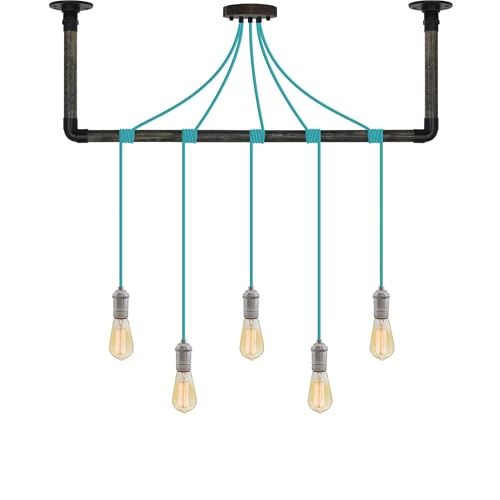 Turquoise and Nickel Pendant Light Wrapped Ebony Black Wood and Black Ceiling Bracket - Hangout Lighting