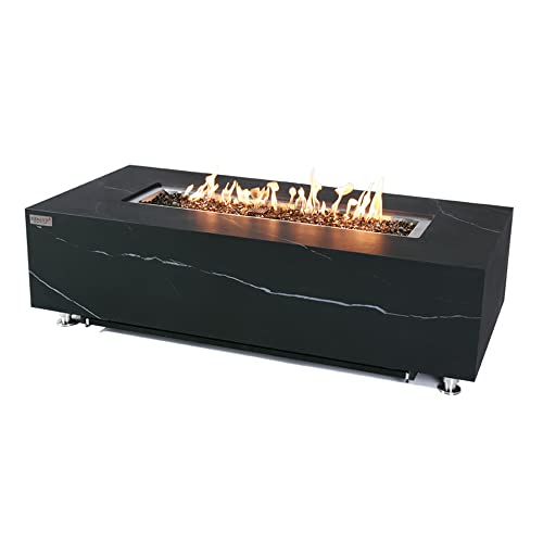 Varna Marble Fire Pit 59.8" x 28" Outdoor Patio Firepit Includes Fire Glass Modern Fire Pits & Outdoor Fireplaces for Garden, Deck, Indoor & Outdoor Heating