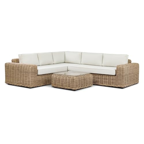 Poly & Bark Puglia Corner Sectional Sofa Set with Coffee Table – Outdoor Ready Synthetic Rattan Frame, Weather‑Resistant Cushions & Minimal Profile – Sand Fabric for Patio, Garden or Covered Veranda