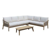 Pemberly Row 2-Piece Modern Acacia Wood Sectional Sofa, Beige Finish, Durable Rope Woven Accents, 7" Back Cushions, 5" Seat Cushions, 85" W x 31" D x 27" H, Outdoor Patio or Deck Seating