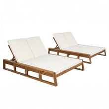 Christopher Knight Home Set of 2 Acacia Wood Outdoor Double Chaise Lounge with Adjustable Backrest Patio Daybed with Thick Cushions for Poolside Backyard Balcony Natural Finish Beige Cushion