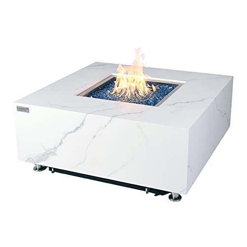 Bianco Marble Fire Pit 39.4" x 39.4" Outdoor Patio Firepit Includes Fire Glass Modern Fire Pits & Outdoor Fireplaces for Garden, Deck, Indoor & Outdoor Heating