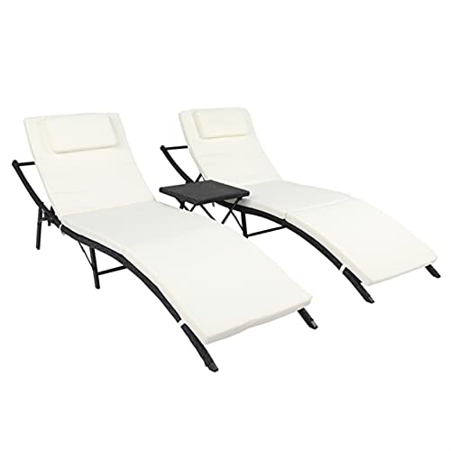 GGGUOJINN 3-Piece Outdoor Terrace Furniture Set 2 Folding Bed 1 Folding Coffee Table Black PE Cane Iron e 4 Lines