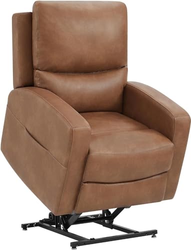 UOPYNE Dual Motor Power Lift Recliner Chair for Elderly, Breathable Leather Electric Recliner with Massage and Heat, Lay Flat Brown Living Room Reclining Chair with Side Pocket