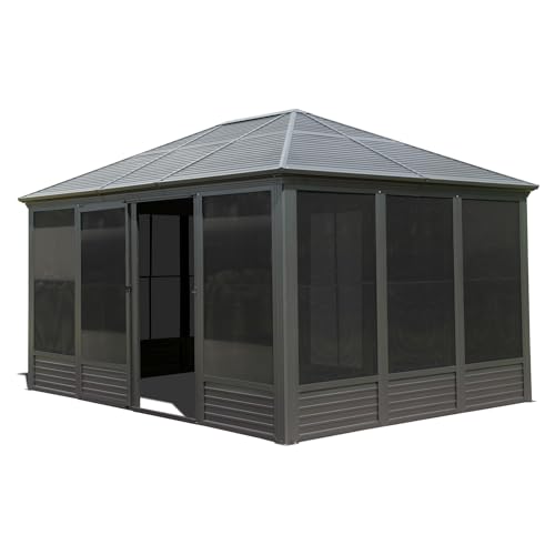 DuraYu 11.2'(W) x 14.6'(L) Outdoor Sunroom Aluminum Hardtop Gazebo with Galvanized Steel Roof, PVC Screen Walls and Sliding Doors, Gray