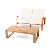 Hassyee Outdoor Loveseat and Coffee Table Set with Soft Cushions for Poolside, Balcony, Acacia Wood Patio Furniture Set with Rectangle Table for Backyard, Garden, Lawn