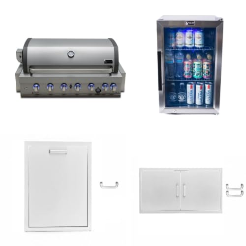 Mont Alpi Stainless Steel Outdoor Kitchen 44"W 6-Burner Built-in BBQ Grill with 2.7 Cu Ft Glass Door Refrigerator + Double Trash & Recycling Bin Drawer Combo + 40"W x 21"H Magnetic Double Access Doors