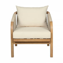 Benzara Ann 32 Inch Outdoor Accent Chair, Brown Eucalyptus, Rope, Ivory Olefin
