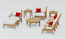 TeakStation 8 Pc Teak Wood Lounge Chair Set: 4 Lounge Chairs, Ottoman, Round Coffee Table & 2 Side Tables with Cushions in Outdoor Sunbrella Fabric #5404 Canvas Natural