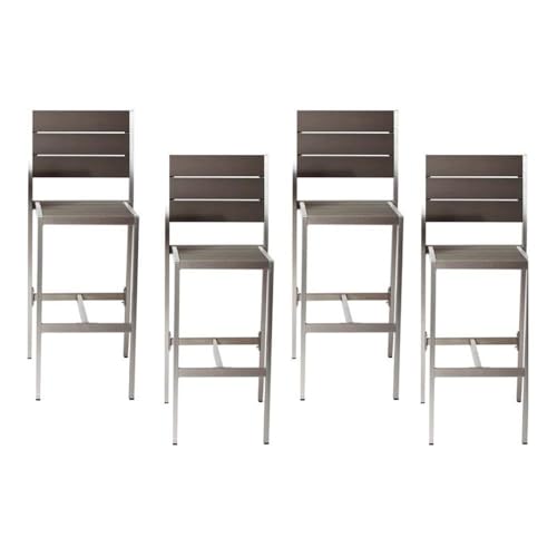 Pemberly Row 44" Aluminum Outdoor Bar Stools, Gray Finish, Polyresin Seat and Back, Rustproof Modern Design, Set of 4, Durable Patio Bar Seating for Outdoor Use