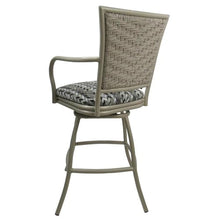 Pemberly Row Outdoor/Indoor Pub Set, 30 in Bar Height Stools with Arms, Beige Powder-Coated Frame, Simi Soft Gray Fabric, 36 in Round Table with Rust Center, Durable Design for Patio or Bar Use