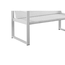 Benzara Lark 50 Inch Sofa and Table Set, All Weather Rattan, White Fabric Cushions