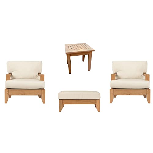 WholesaleTeak Atnas 4 Pc Lounge Chair Set: 2 Lounge Chairs, Ottoman & Side Table with Sunbrella Cushions in Fabric #57003 Canvas White #12AT4