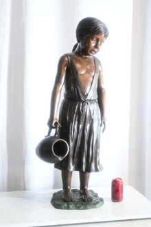 NIFAO Large Bronze Girl Fountain with Water Jug Garden Statue 17"x12"x39"H