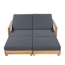 Double Acacia Wood Chaise Lounge Set, 1 Double Recliner with 2 Pieces 3-Fold Dark Grey Cushions, 4-Position Adjustable Backrests, 4 Inch Water Resistant Cushion, 800 LBS Capacity for Patio, Poolside