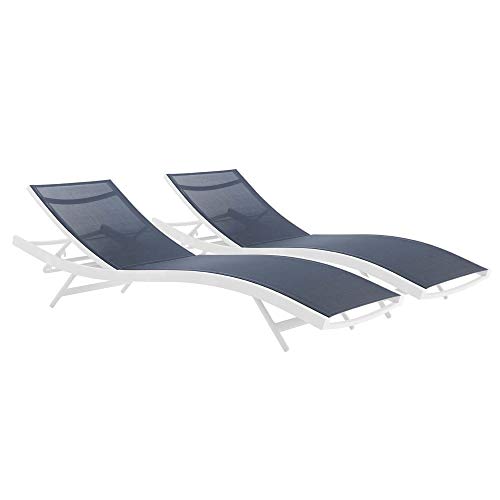 Ergode Glimpse Outdoor Patio Chaise Lounge Chair Set of 2 | Comfortable Textilene Mesh Seat | Adjustable Recline Positions | Durable Aluminum Frame | Modern Design | White Navy