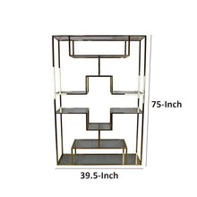 Benzara Adena 75 Inch Tall Plant Stand Geometric Metal Shelves Gold