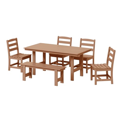 WestinTrends Ashore 6-Piece Outdoor HDPE Rectangular Patio Dining Table Set with Bench, Teak