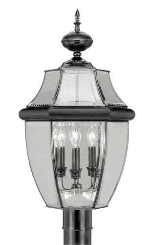 Livex Lighting 2354-04 Monterey 3 Light Outdoor Black Finish Solid Brass Post Head with Clear Beveled Glass