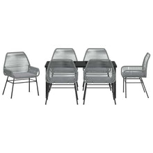 Grey 7-Piece Outdoor Dining Set with Cushions, Poly Rattan Patio Furniture Set with Tempered Glass Table for Garden, Backyard, Poolside, Includes 6 Chairs, Weather-Resistant Durable for Entertaining