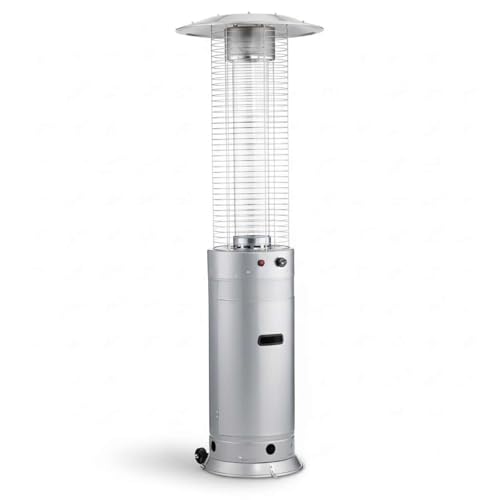 46,000 BTU Steel Round Commercial Propane Outdoor Patio Heater with Glass Flame Tube and Protective Mesh – Freestanding Portable Design with Wheels for Patio, Deck, Restaurant, Poolside, Events
