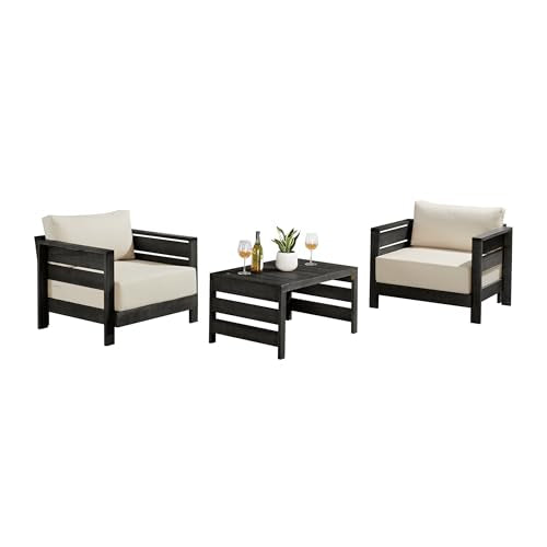 Alaterre Furniture Barton 3 Piece Patio Furniture Set - Weather-Resistant Eucalyptus Wood Outdoor Table and Chairs with Cushions - Modern Outdoor Furniture Set for Porch, Deck, or Pool (Black)
