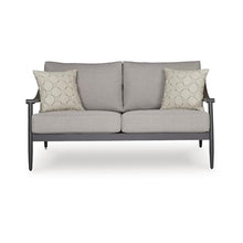 Signature Design by Ashley North Island Outdoor Loveseat, Powder-Coated Aluminum Frame, UV-Resistant Nuvella Fabric Cushions, Contemporary Porch and Patio Seating, Gray/Wood Tones