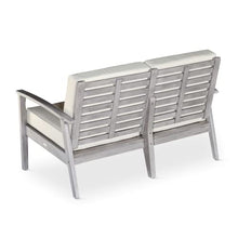 Kaimei Eucalyptus Loveseat for Patio, Deck or Backyard, Deep Seating with Cushions, Driftwood Gray Finish and Navy Cushions