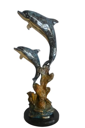 NIFAO Dolphin with Coral Base Medium Bronze Statue, 10" L x 6" W x 24" H