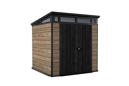 Keter Signature Collection 7x7 Ft All-Weather Storage Shed with Skylight, Window, Built-in Ventilation, & Lockable Double Doors, Ashwood