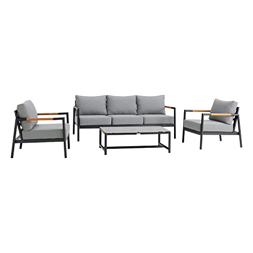 Armen Living Crown Aluminum and Teak Wood Outdoor Coffee Table in Black