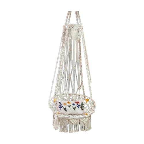 Macrame Swing Hammock Chair Ecru Cream Multicolor Rope 23.6 x 31.5 in 220 lb Capacity Steel Pipe for Indoor Outdoor Use Scandinavian Retro Style