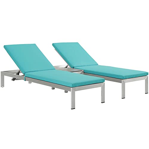 Modway Shore Aluminum Outdoor Patio Two Poolside Chaise Lounge Chairs with Cushions and Side End Table in Silver Turquoise